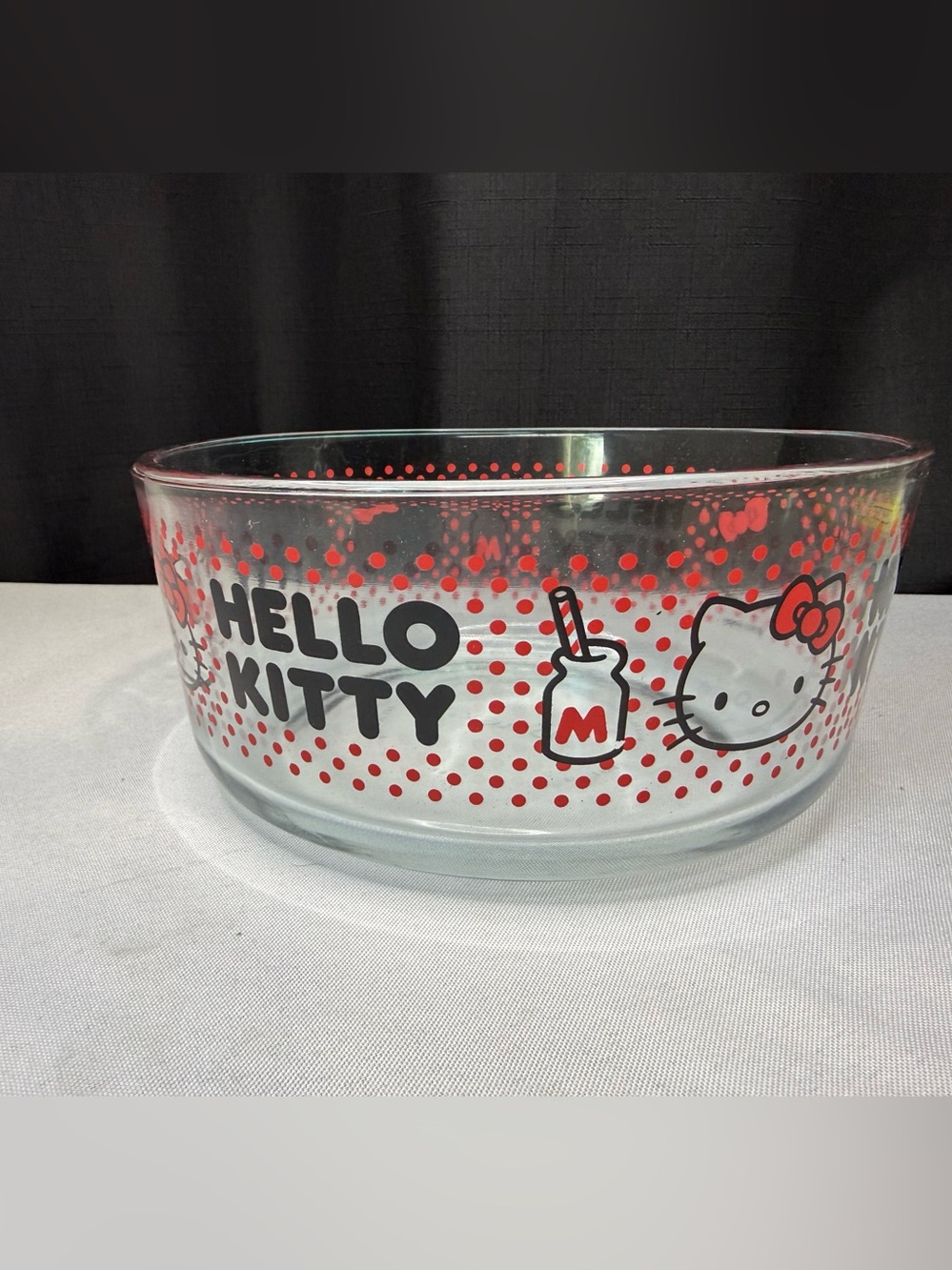 Hello Kitty Clear Glass Pyrex Bowl with Red Polka Dot Accents 7” Diameter